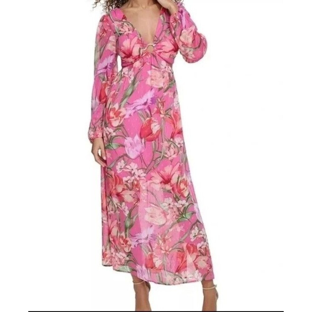 Siena Women's Floral-Print Cutout at sides V-neck with O-ring Midi Dress Pink 10